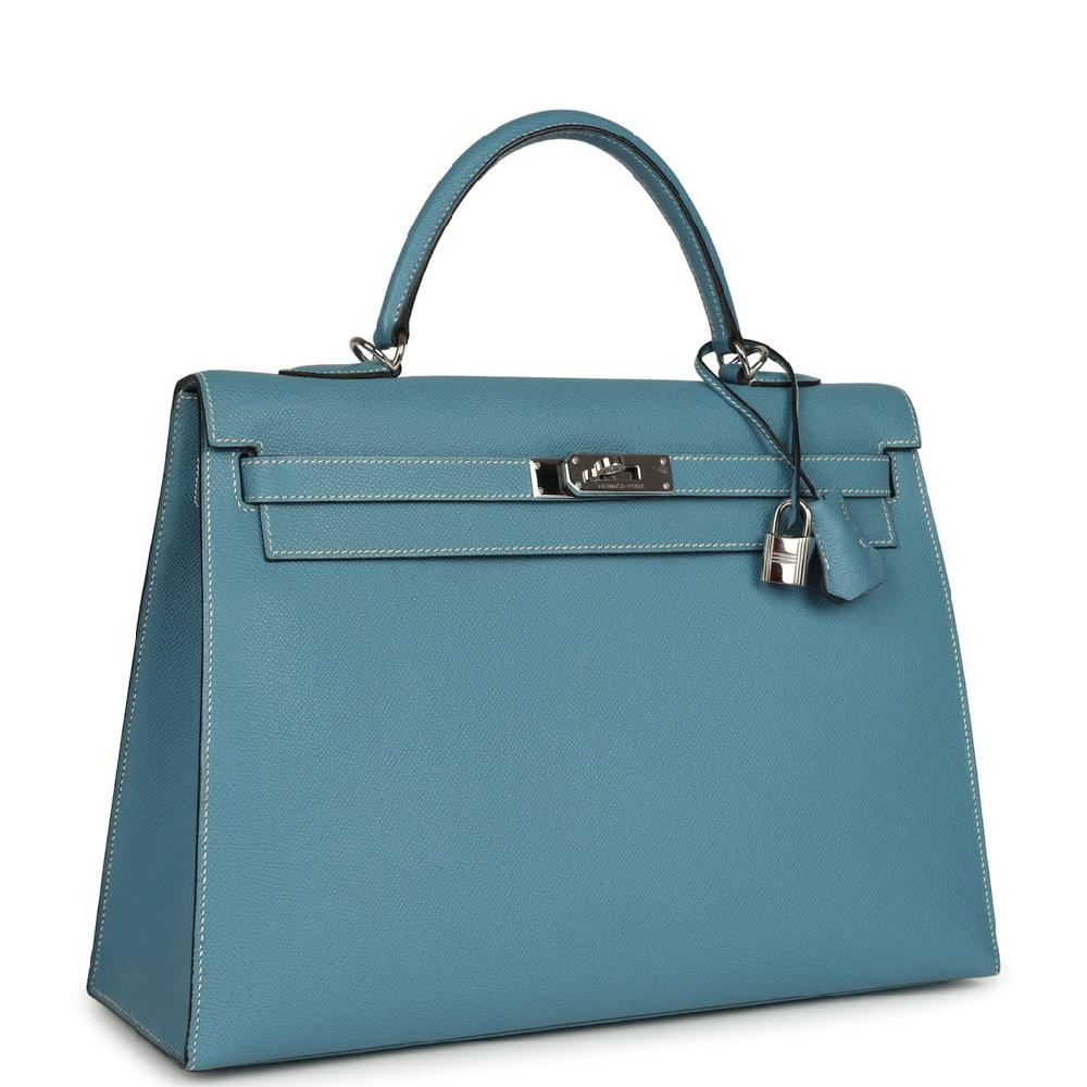 Vintage Hermes Kelly Sellier 35 Blue Jean Epsom Palladium Hardware