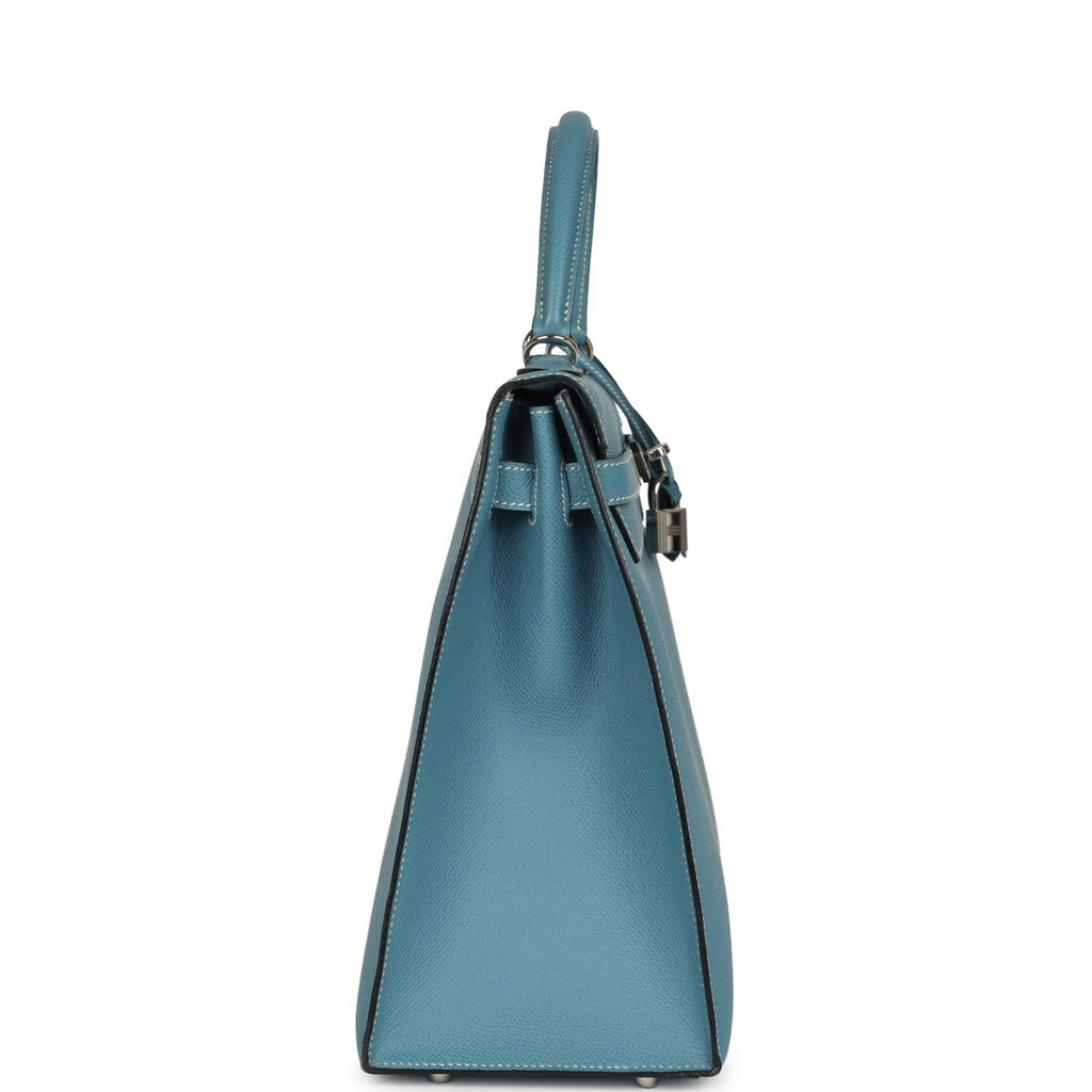 Vintage Hermes Kelly Sellier 35 Blue Jean Epsom Palladium Hardware