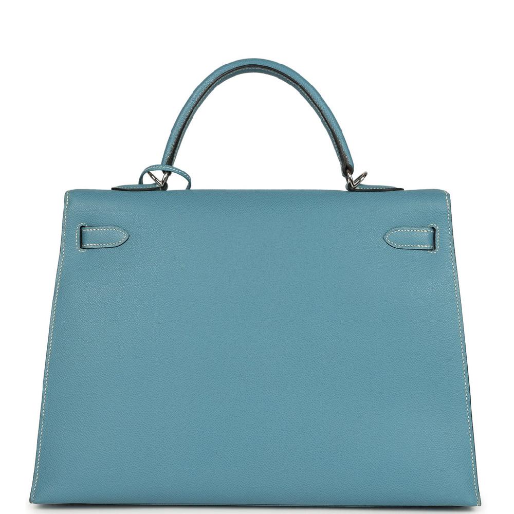 Vintage Hermes Kelly Sellier 35 Blue Jean Epsom Palladium Hardware
