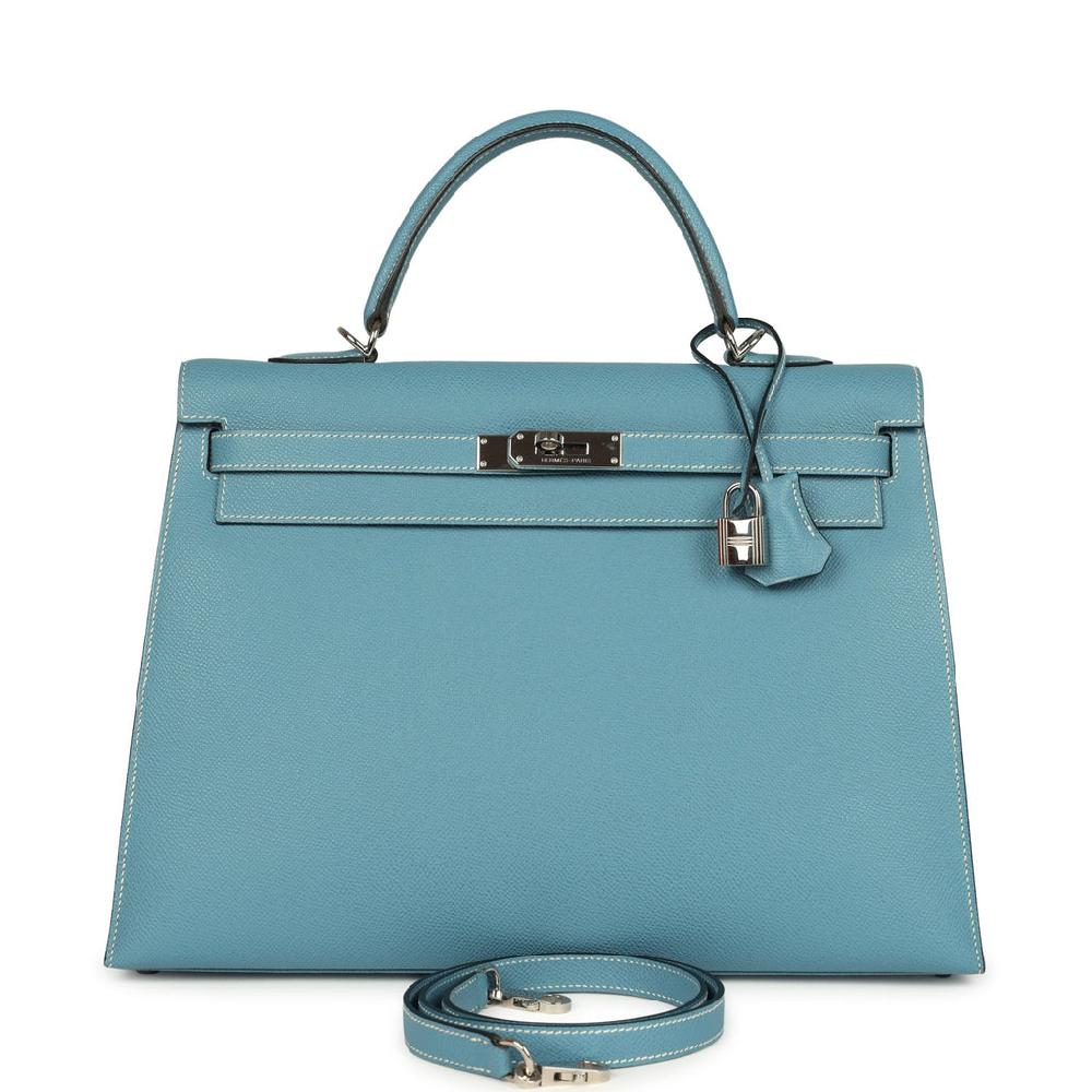 Vintage Hermes Kelly Sellier 35 Blue Jean Epsom Palladium Hardware