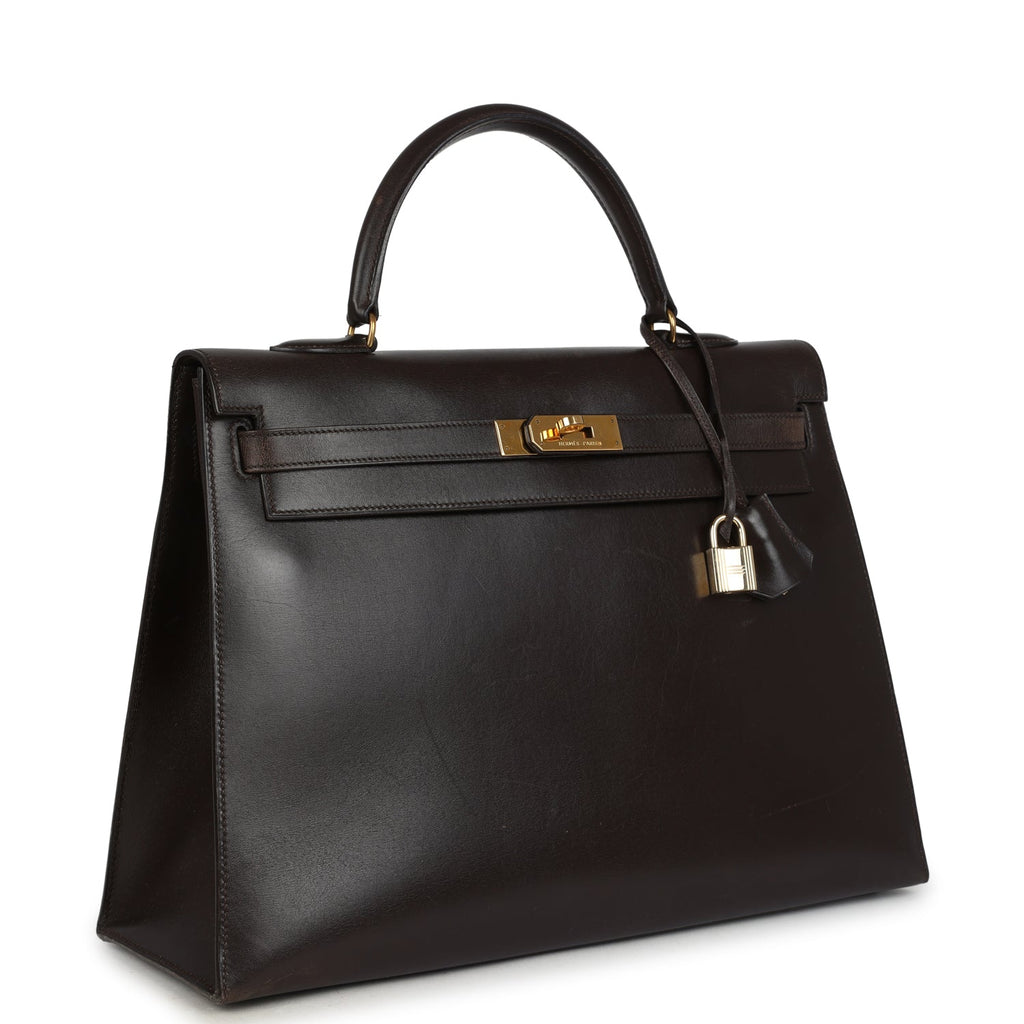 Vintage Hermes Kelly Sellier 35 Marron Fonce Box Gold Hardware