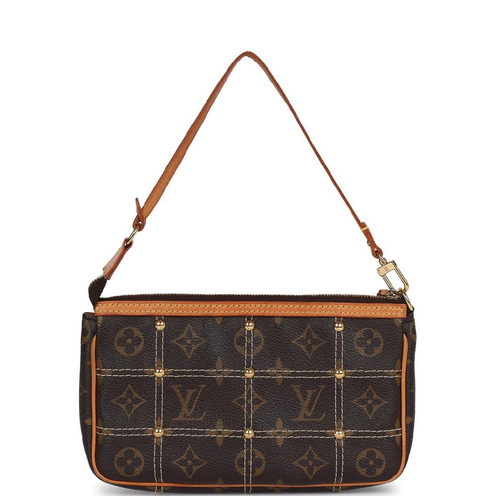 Vintage Louis Vuitton Pochette Accessories Brown Monogram Rivet Gold Hardware