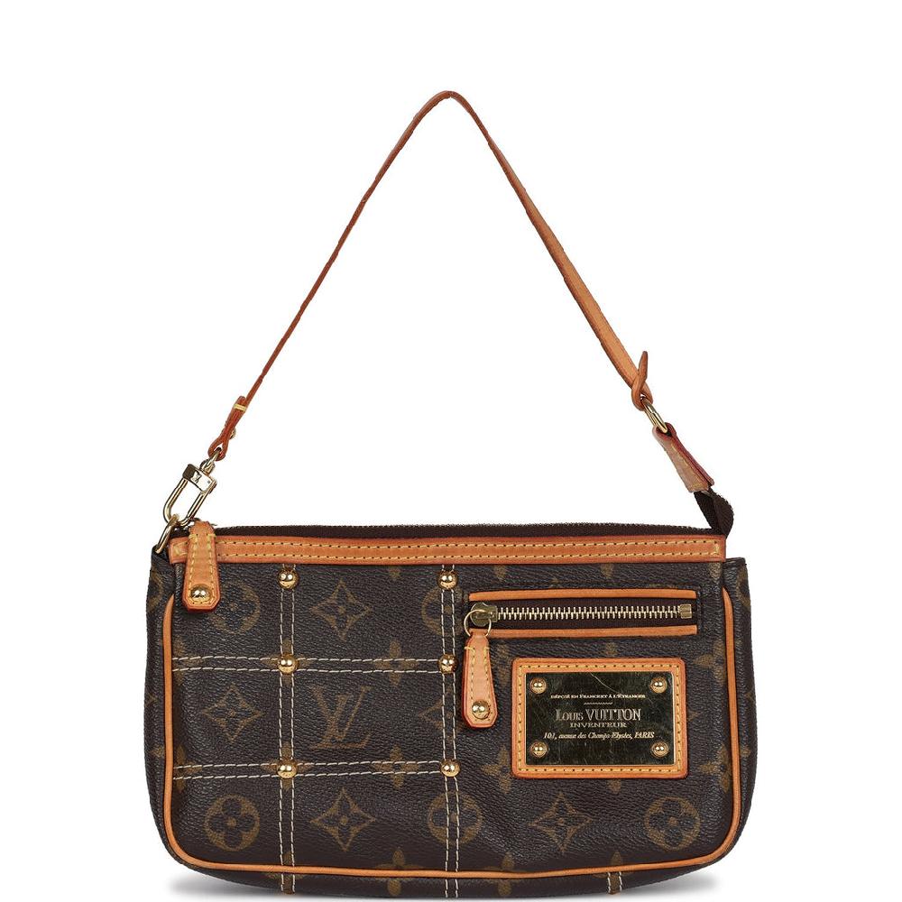 Vintage Louis Vuitton Pochette Accessories Brown Monogram Rivet Gold Hardware