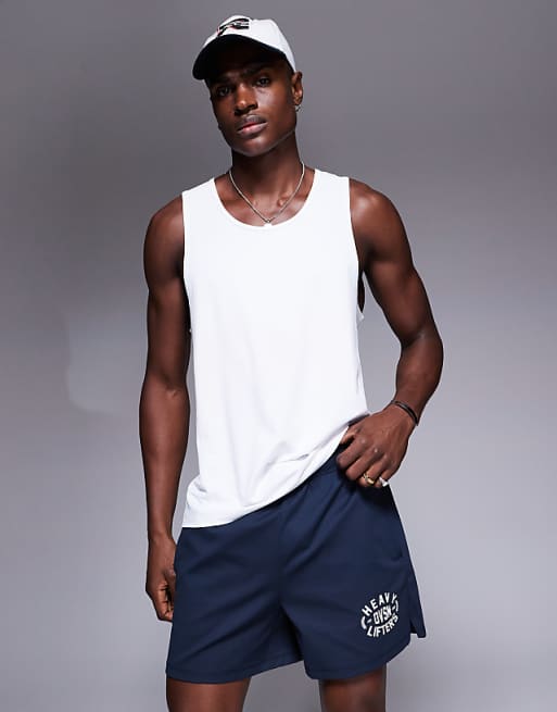 4505 5 inch quick dry wide leg mesh training shorts with graphic in midnight navy