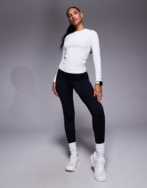 4505 Active Rib Quick Dry Long Sleeve Henley Layering Top In White