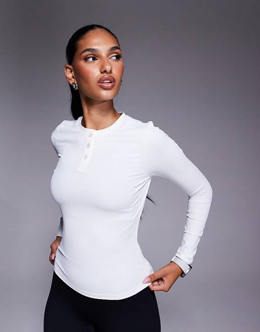 4505 active rib quick dry long sleeve henley layering top in white