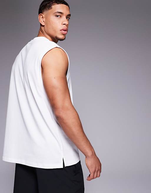 4505 Cotton Oversized Pump Training Tank With Chest Graphic And Quick Dry Finish In White