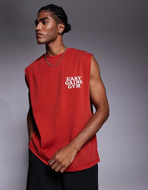 4505 cotton oversized pump training tank with chest graphic and quick dry finish in washed red
