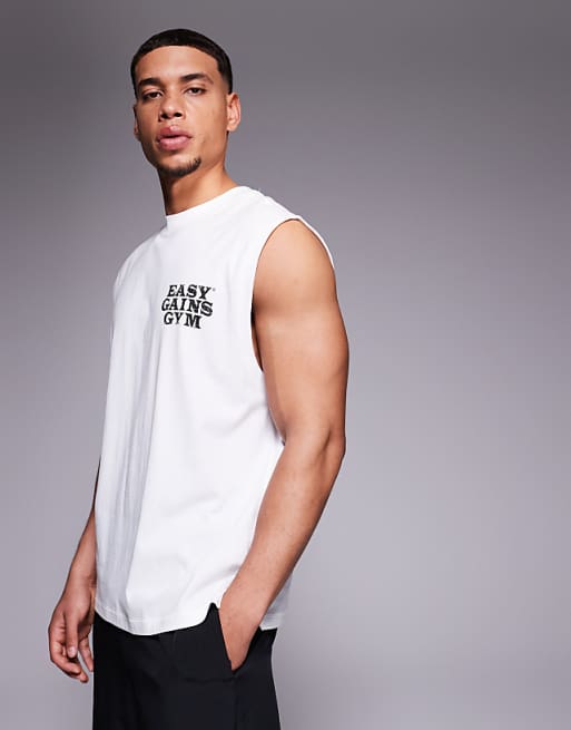 4505 cotton oversized pump training tank with chest graphic and quick dry finish in white
