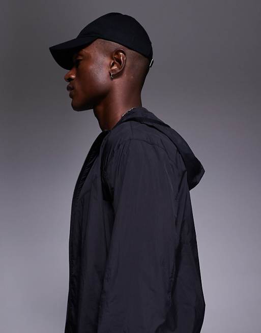 4505 Crinkle Nylon Water Repellent Lightweight Boxy Fit Run Jacket With Hood In Black