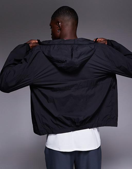 4505 Crinkle Nylon Water Repellent Lightweight Boxy Fit Run Jacket With Hood In Black