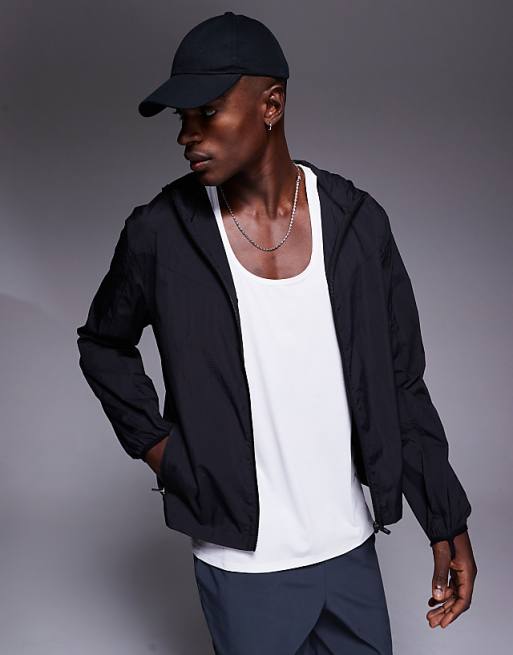 4505 crinkle nylon water repellent lightweight boxy fit run jacket with hood in black