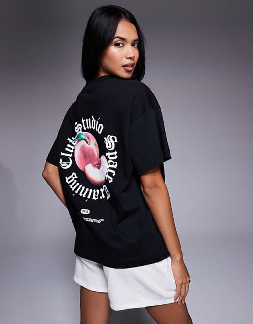 4505 Heavyweight Cotton Oversized T-shirt With Peach Back Print In Black