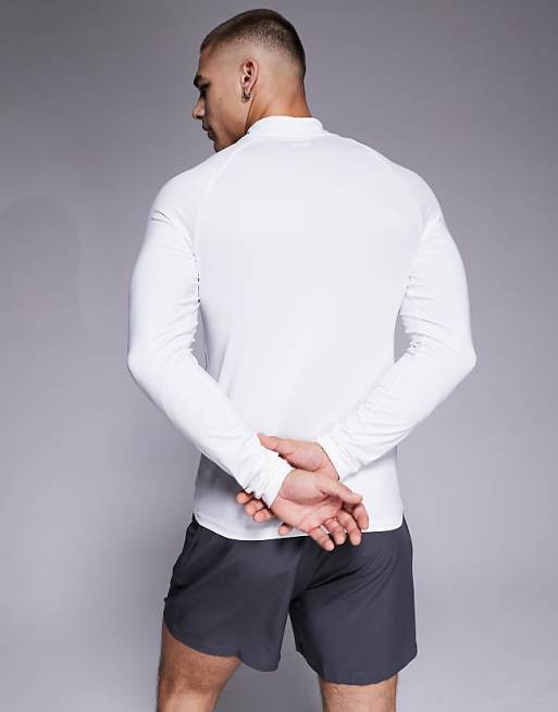 4505 Icon Active Quick Dry Muscle Fit Base Layer Training Long Sleeve Mock Neck Top In White