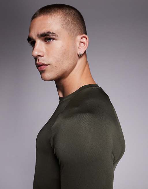 4505 Icon Active Quick Dry Muscle Fit Base Layer Training Long Sleeve Top In Khaki