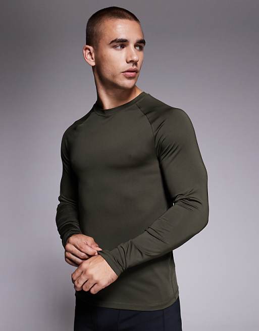 4505 Icon active quick dry muscle fit base layer training long sleeve top in khaki