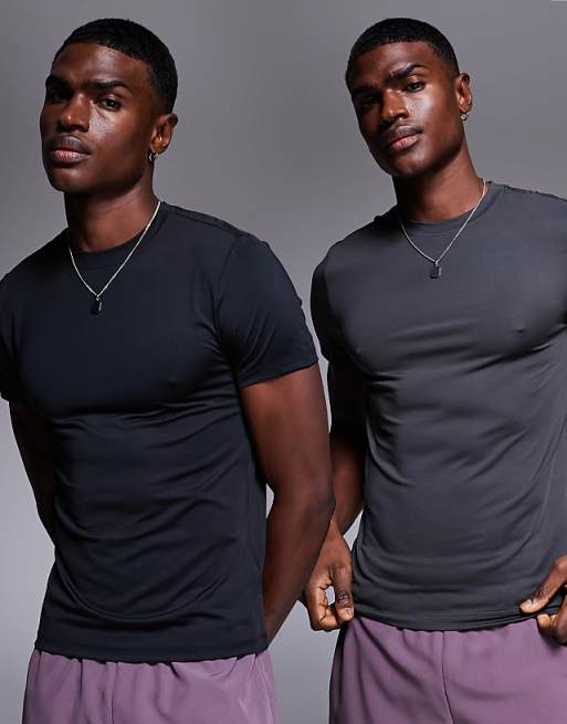4505 Icon active quick dry muscle fit base layer training t-shirt 2 pack in black and charcoal
