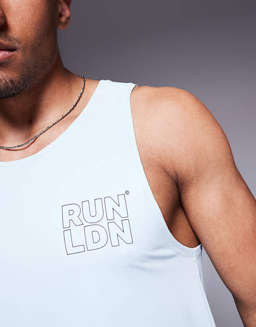 4505 RUN LDN Chest Print Mesh Running Tank In Pale Blue
