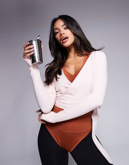 4505 soft touch ballet wrap long sleeve top in pearl blush