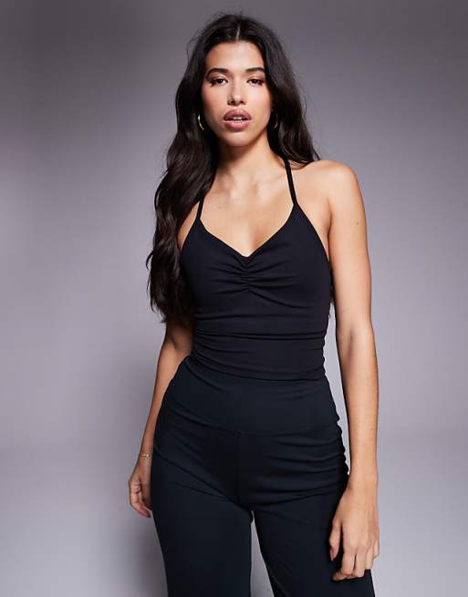 4505 soft touch ruched front yoga cami with inner bra in black