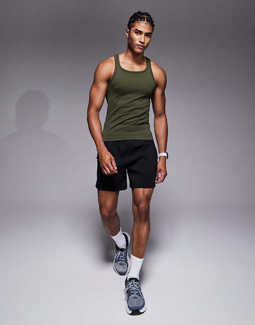 4505 Square Neck Slim Fit Seamless Rib Training Vest In Khaki