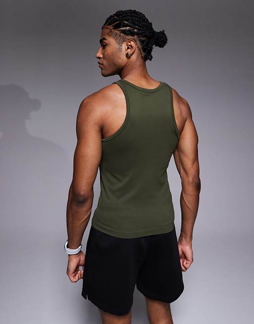 4505 Square Neck Slim Fit Seamless Rib Training Vest In Khaki