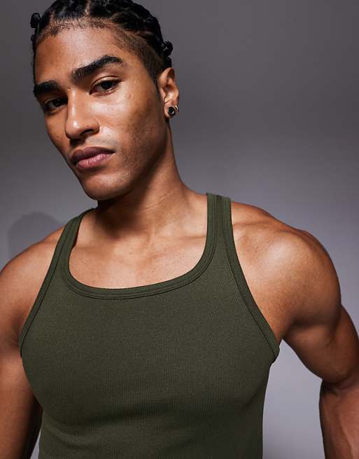 4505 Square Neck Slim Fit Seamless Rib Training Vest In Khaki