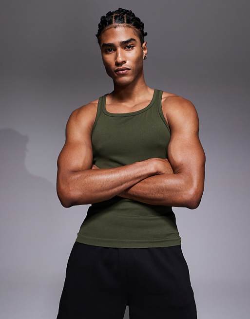4505 square neck slim fit seamless rib training vest in khaki