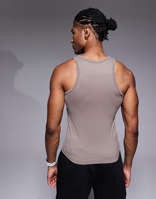 4505 Square Neck Slim Fit Seamless Rib Training Vest In Stone