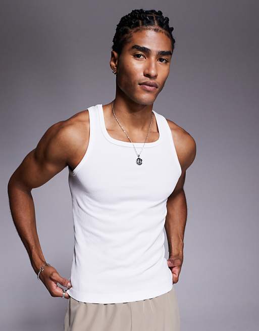 4505 Square Neck Slim Fit Seamless Rib Training Vest In White