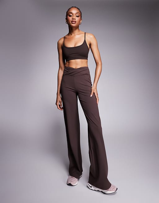 4505 Tall Icon soft touch wrap waist wide leg dance pant in plum chocolate