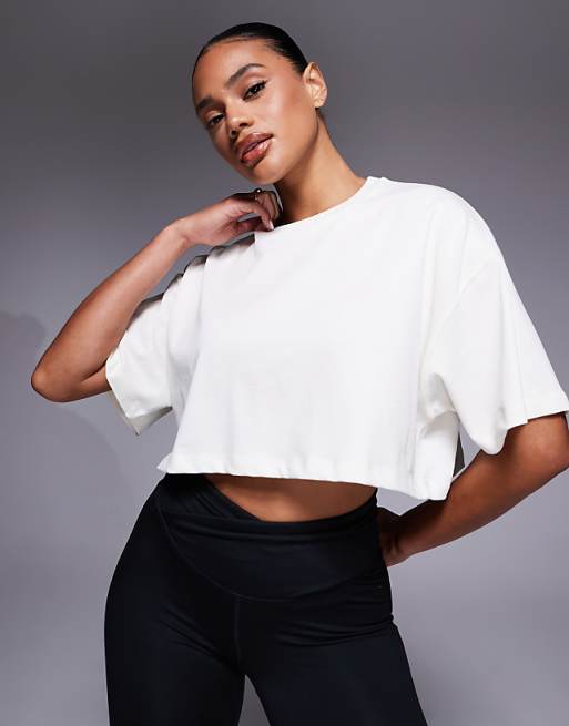 4505 Yoga Cropped Heavyweight Cotton Back Print T-shirt With Quick Dry Finish In Vintage White