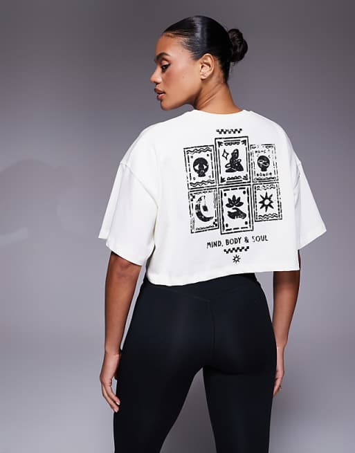 4505 Yoga cropped heavyweight cotton back print t-shirt with quick dry finish in vintage white