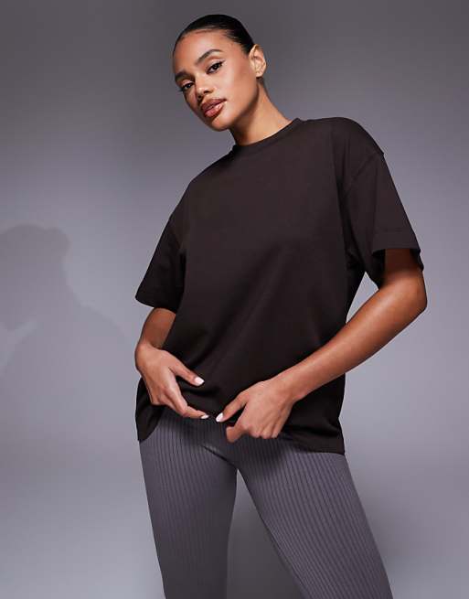 4505 Yoga Heavyweight Cotton Oversized Back Print T-shirt With Quick Dry Finish In Deep Brown