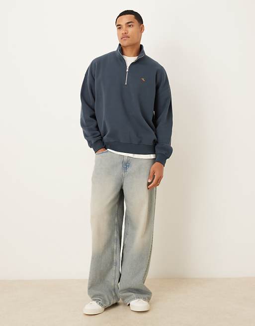 Abercrombie & Fitch Chest Logo Quarter Zip Sweatshirt In Navy