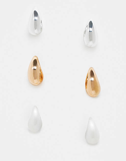 Accessorize 3 pack mini teardrop earrings in gold silver and pearlescent