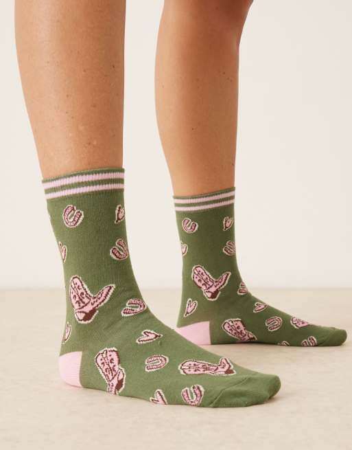 Accessorize Cowboy Boot Print Socks In Khaki