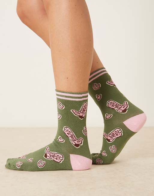 Accessorize cowboy boot print socks in khaki