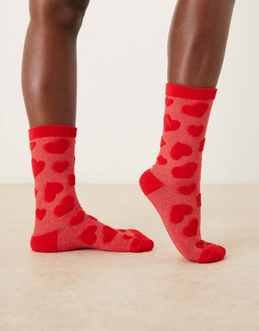 Accessorize Fluffy Heart Socks In Red