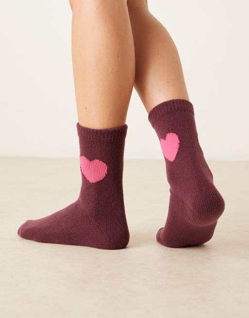 Accessorize Heart Cosy Socks In Burgundy