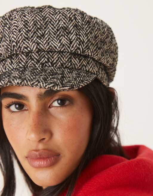 Accessorize Herringbone Bakerboy Hat In Black