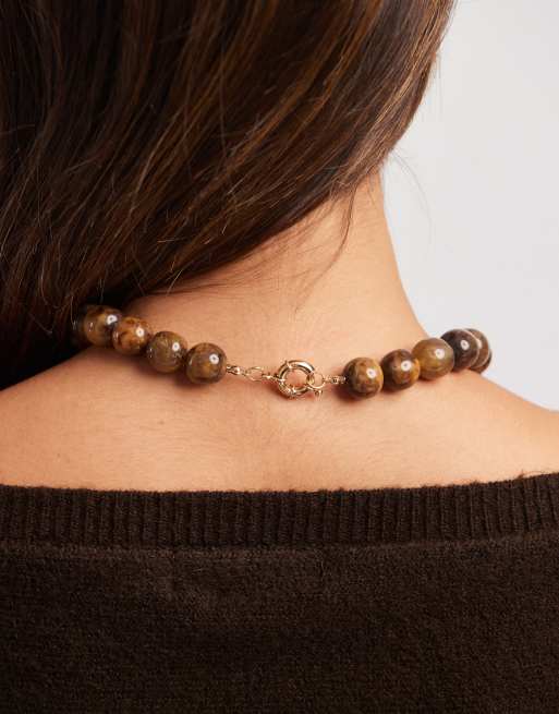 Accessorize Resin Brown Bead Necklace In Gold