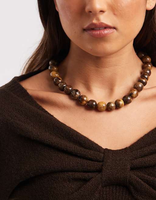 Accessorize resin brown bead necklace in gold
