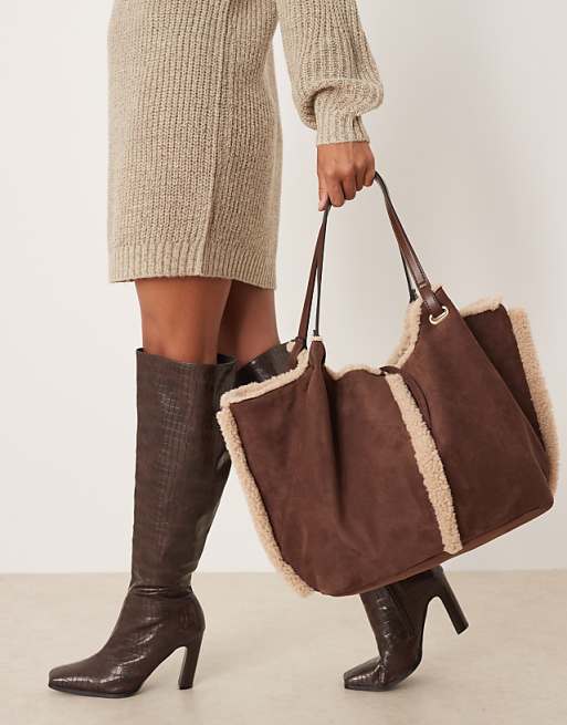 Accessorize Shearling And Faux Suede Reversible Shoulder Bag In Brown