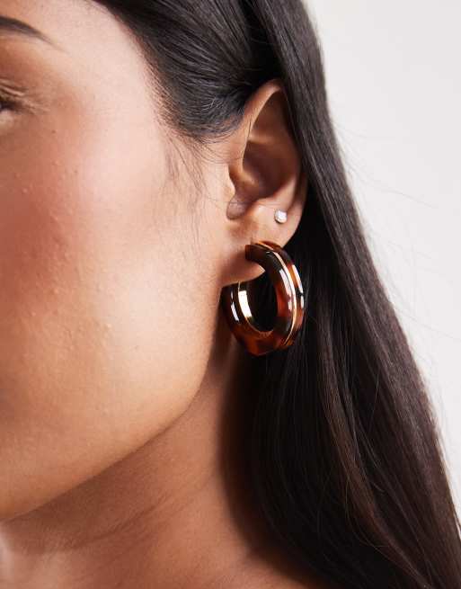 Accessorize Tort Metal Inlay Hoop Earrings In Tortoiseshell