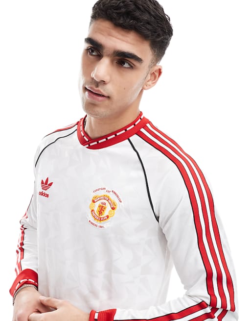 Adidas Football Manchester United Anniversary 91 Long Sleeve Top In White And Red