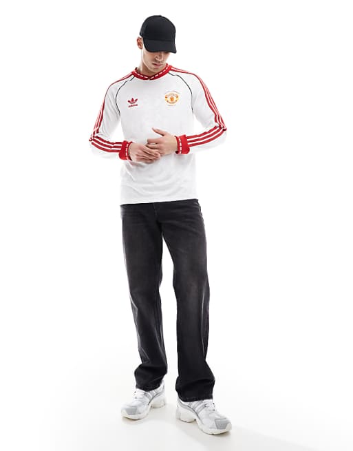 Adidas Football Manchester United Anniversary 91 Long Sleeve Top In White And Red