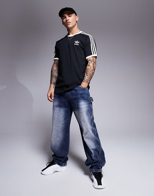 Adidas Originals 3 Stripe Ringer T-shirt In Black