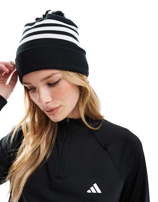 Adidas Performance 3 Stripe Beanie With Pom-pom In Black