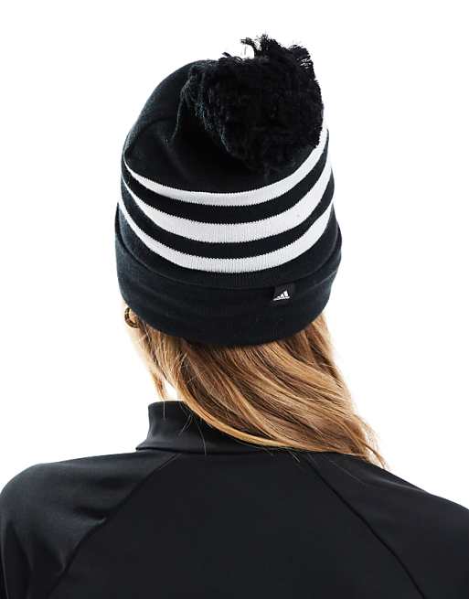 Adidas Performance 3 Stripe Beanie With Pom-pom In Black